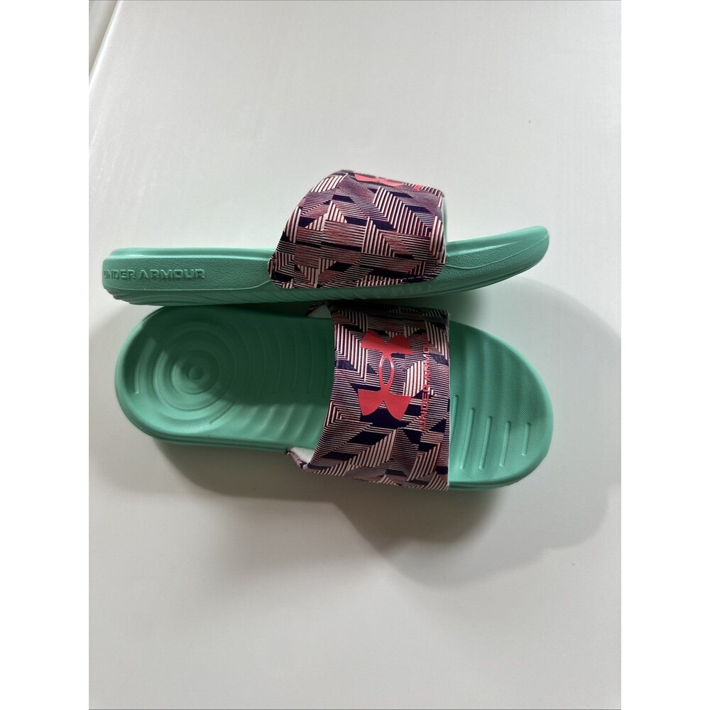 Under Armour Girls Slides Sandals Youth 2 Teal Pink Logo Comfort Pool - Picture 6 of 6